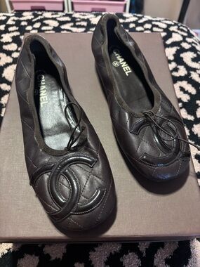CHANEL Quilted CC Cap-Toe Ballet Flats in Dark Brown Leather